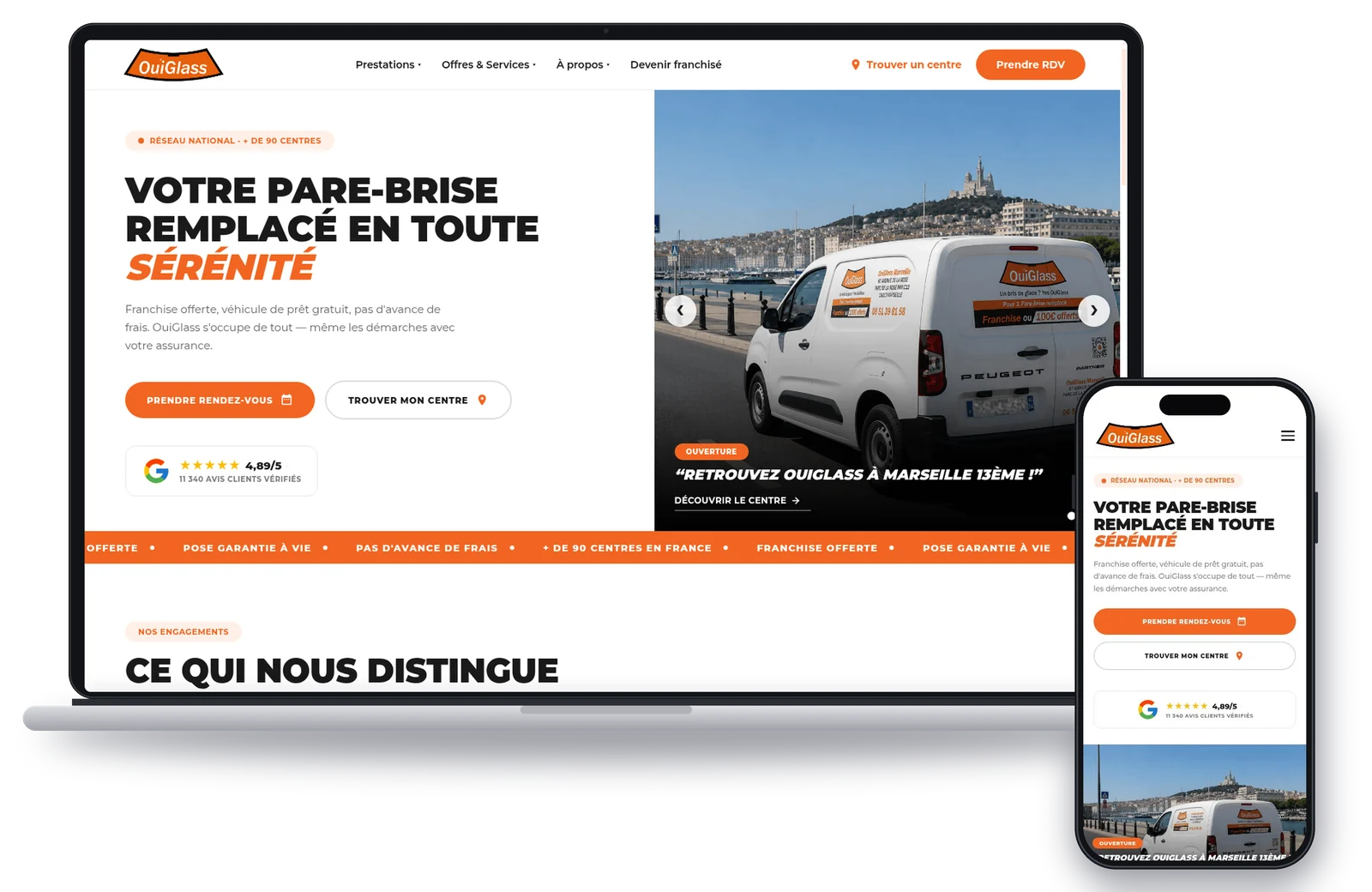 Site OuiGlass affiché sur un MacBook et un iPhone