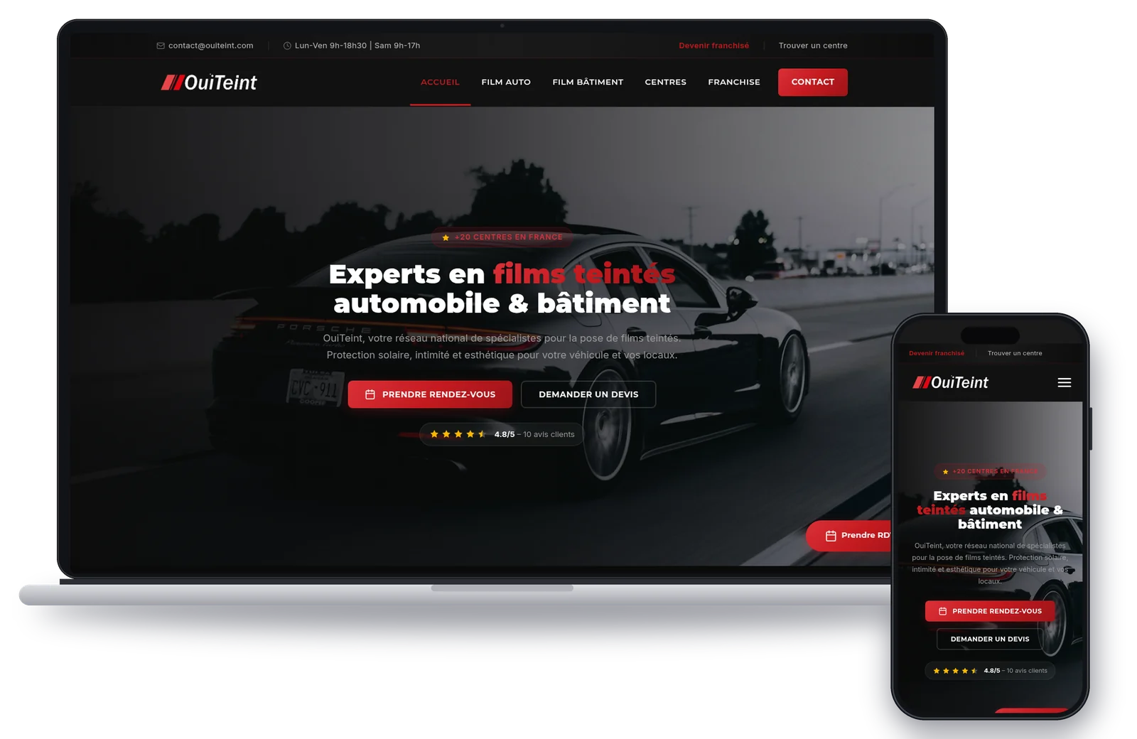 Site OuiTeint affiché sur un MacBook et un iPhone