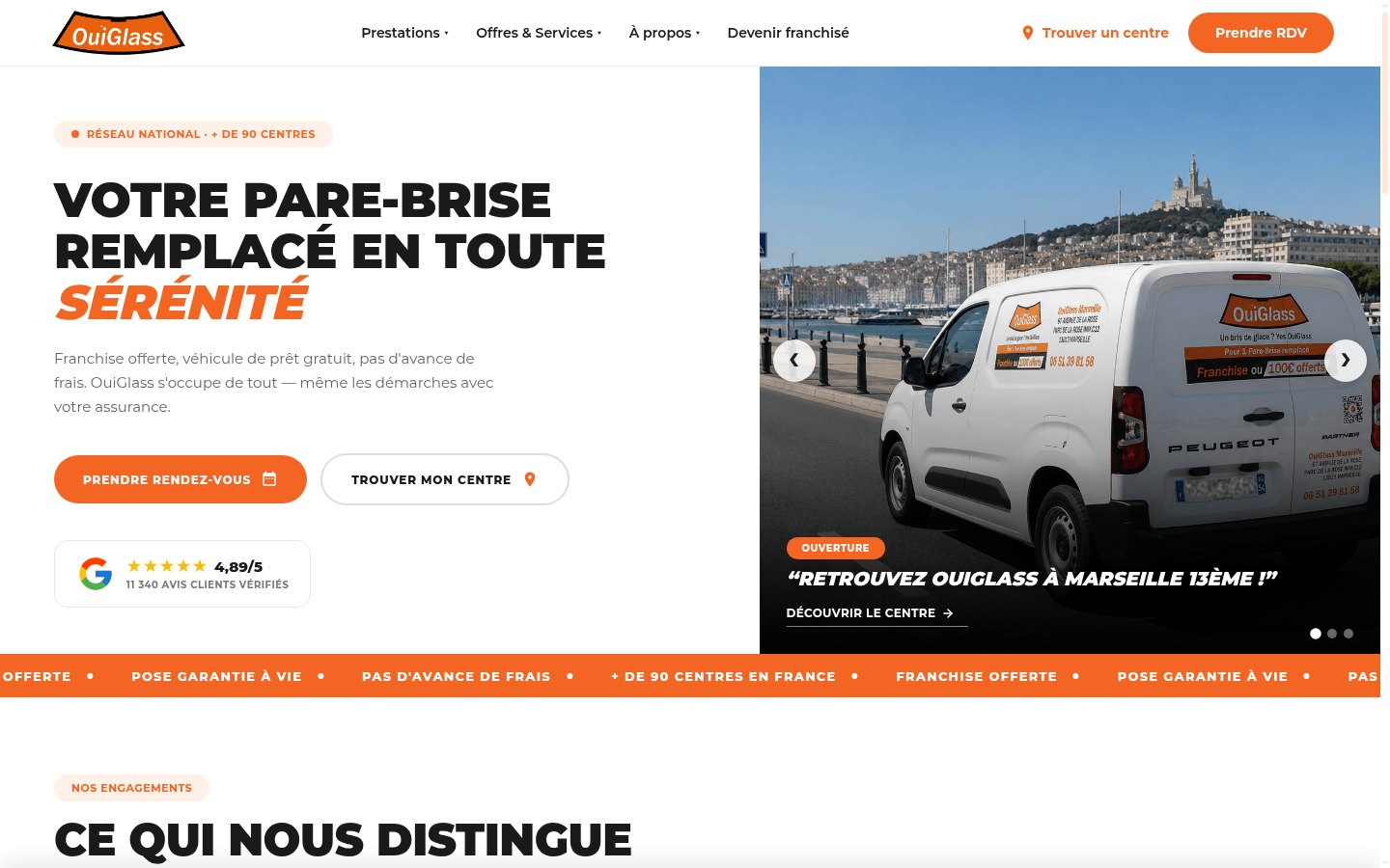 Page d’accueil OuiGlass sur ordinateur : promesse, boutons Prendre rendez-vous et Trouver mon centre, note des avis clients